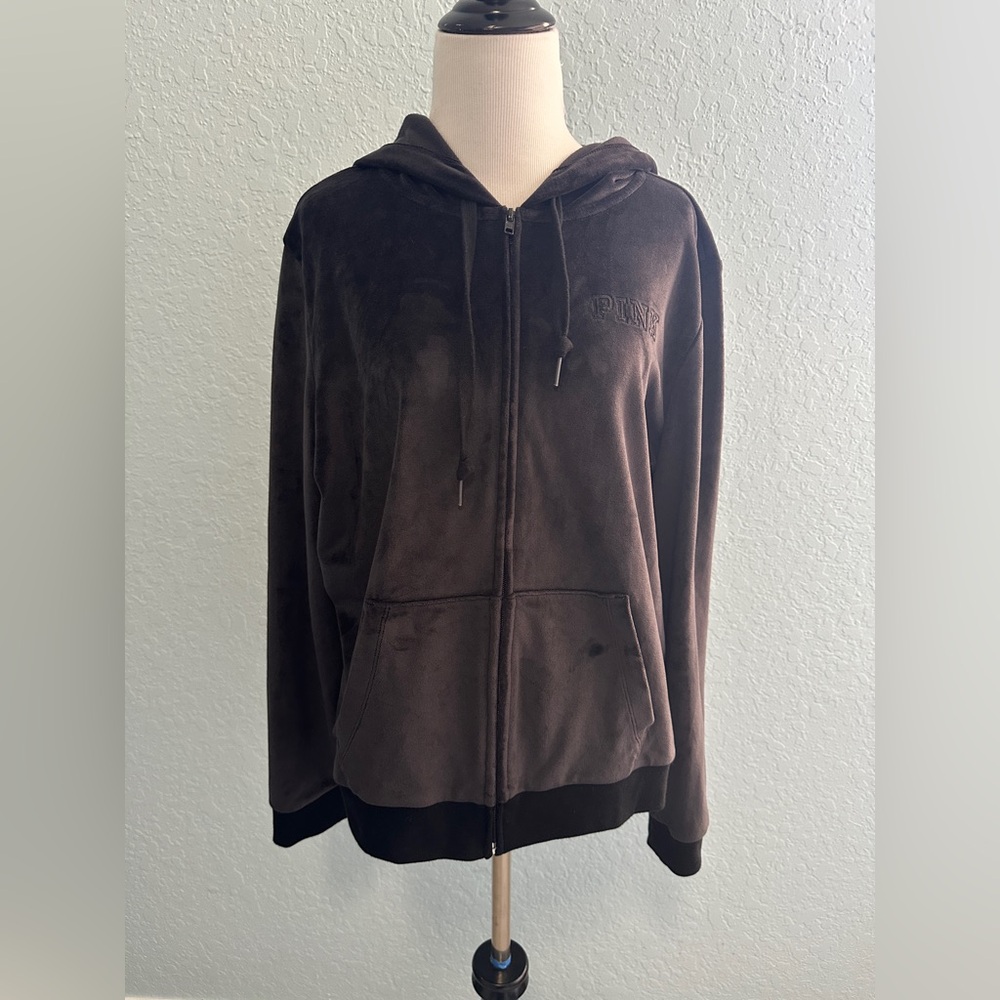 PINK Victoria's Secret Black Velour Zip Hoodie